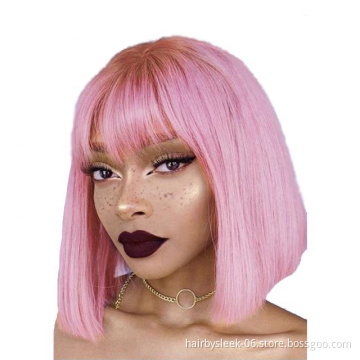 Wholesale machine made Wig Bob Short pixie cut ombre corlors With neat bang Heat-resisting Synthetic hair Wigs for black woman